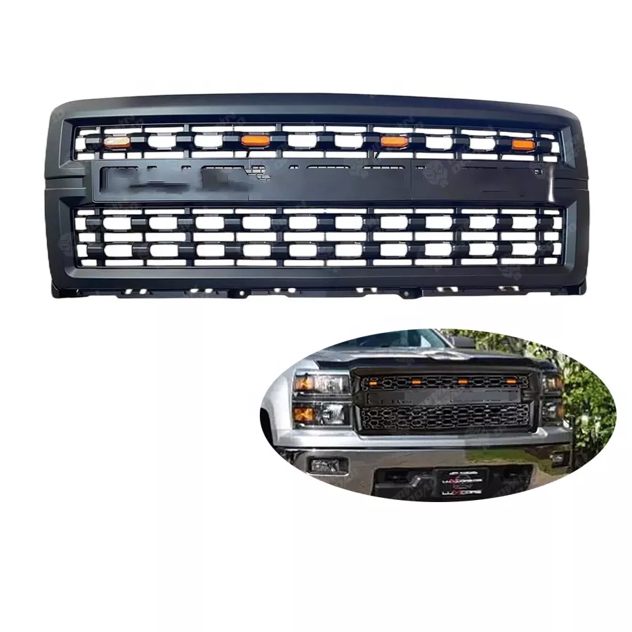 4x4 offroad Accessories ABS Black Color Front Hood Bumper Grille With 4 Amber upper Light for Silverado 1500 2014-2015