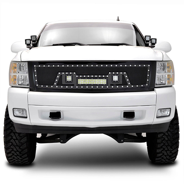 07-13 Chevy Silverado 1500 All Evolution All Black Stainless Steel Wire Mesh Packaged Grille With Three LED Lights for Chevy Silverado