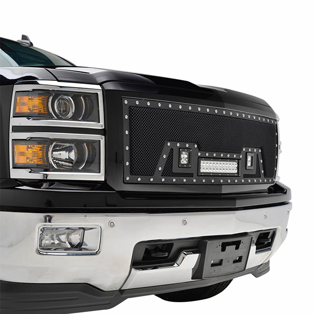 14-15 Chevy Silverado 1500 All Evolution All Black Stainless Steel Wire Mesh Packaged Grille With Three LED Lights for Chevy Silverado