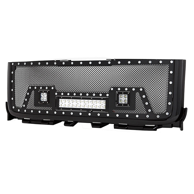 11-14 GMC Sierra 2500HD/3500HD All Evolution All Black Stainless Steel Wire Mesh Packaged Grille With Three LED Lights for GMC Sierra